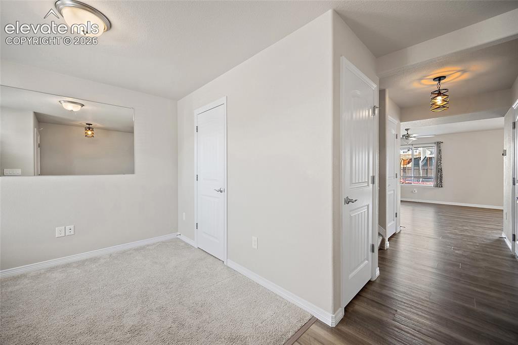 Image 14 of 49: Carpeted room with a flush-mount ceiling light fixture and a built-in wall 