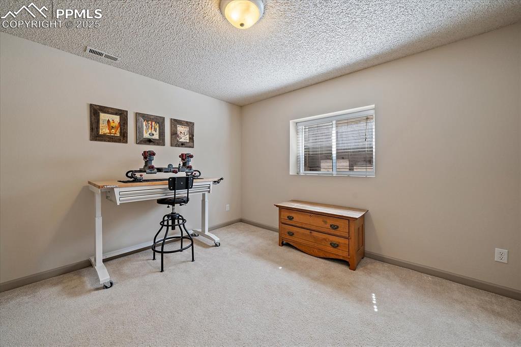 Image 39 of 47: Carpeted home office with a textured ceiling and baseboards