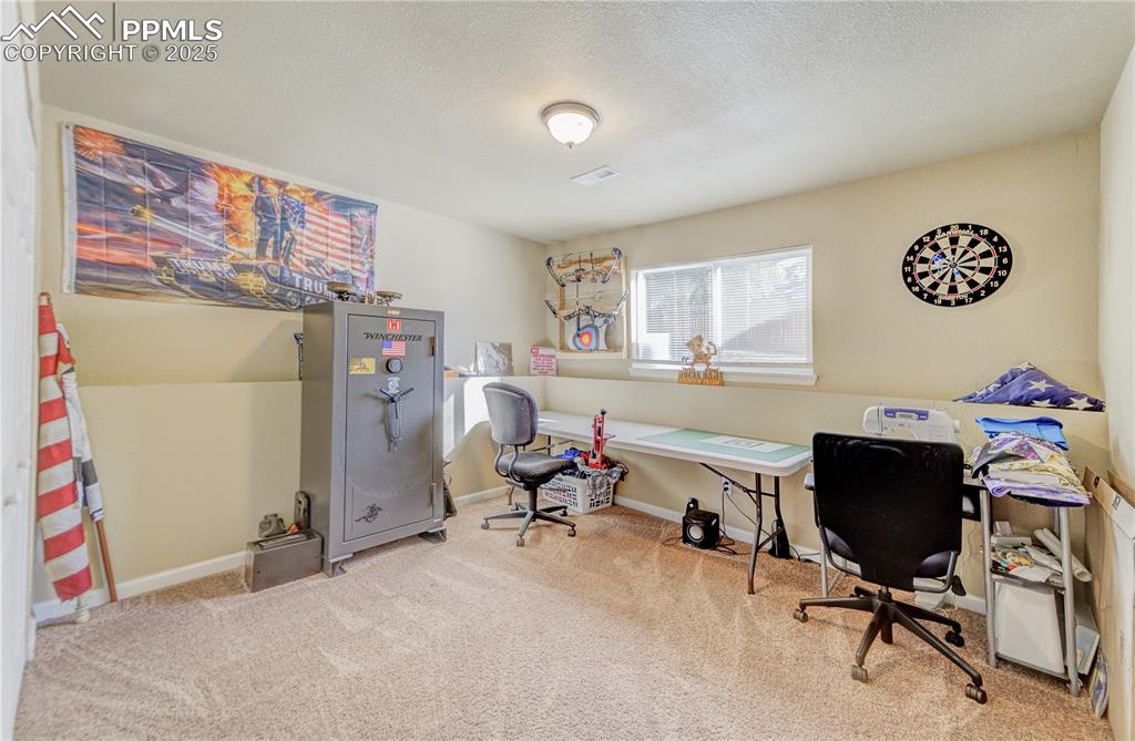 Image 19 of 25: Office space featuring a textured ceiling and carpet flooring