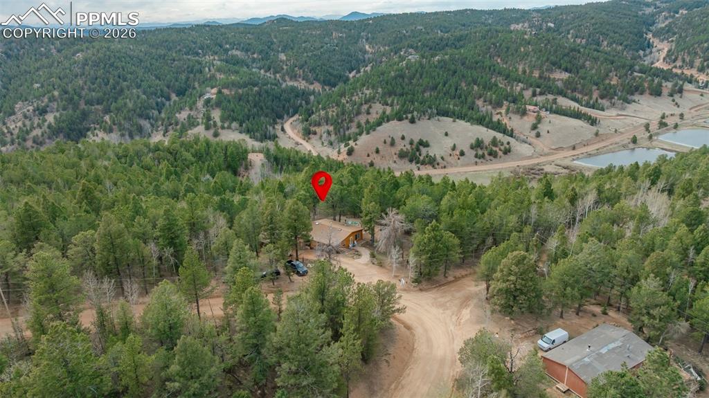 Image 35 of 41: Expansive wooded property featuring a single-story dwelling, multiple outbu
