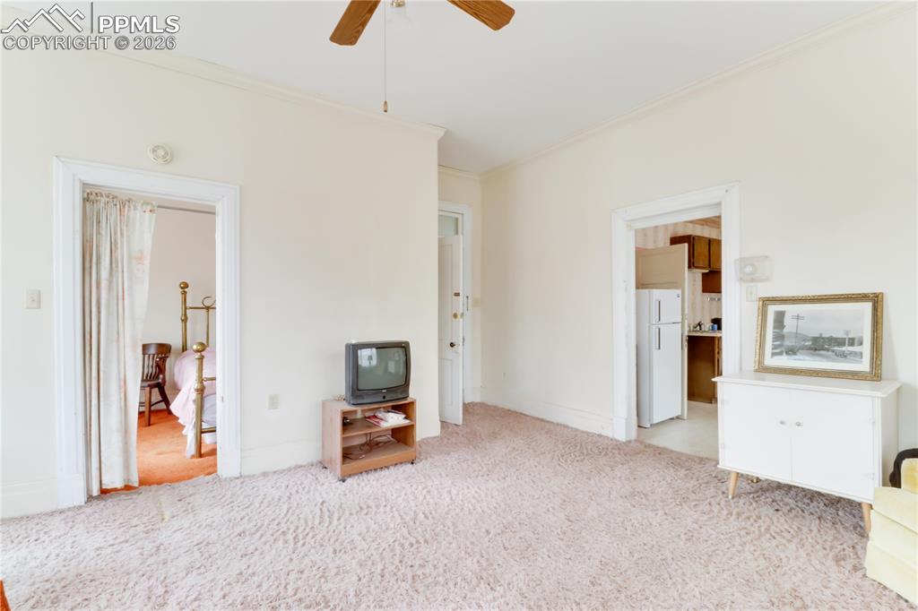 Image 21 of 36: Unfurnished living room featuring crown molding, light colored carpet, and