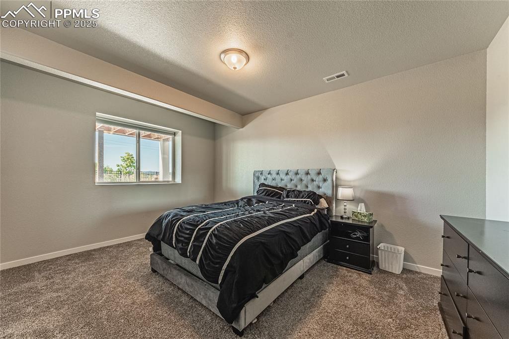 Image 29 of 49: Bedroom featuring dark colored carpet and a textured ceiling