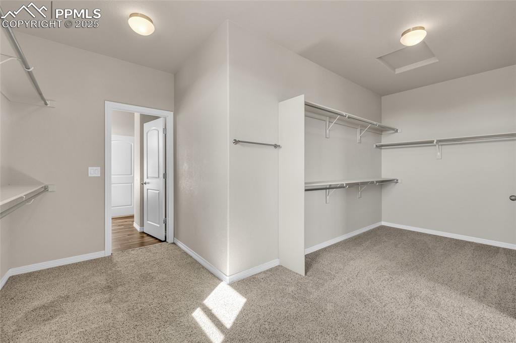 Image 25 of 44: Spacious closet with light colored carpet and attic access