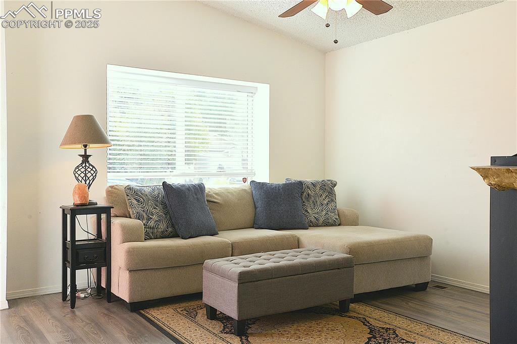 Image 4 of 29: Living room featuring plenty of natural light and vaulted ceilings