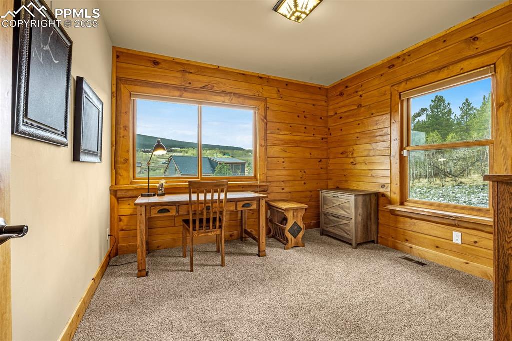 Image 13 of 45: Office featuring light carpet, wooden walls, and baseboards