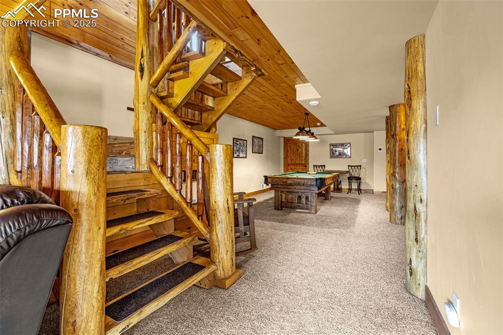 Image 29 of 45: Rec room featuring carpet flooring, billiards table, and baseboards