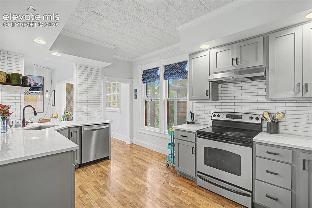 Image 21 of 50: Updated kitchen with light gray cabinetry, Victorian-style ceiling tile, wh