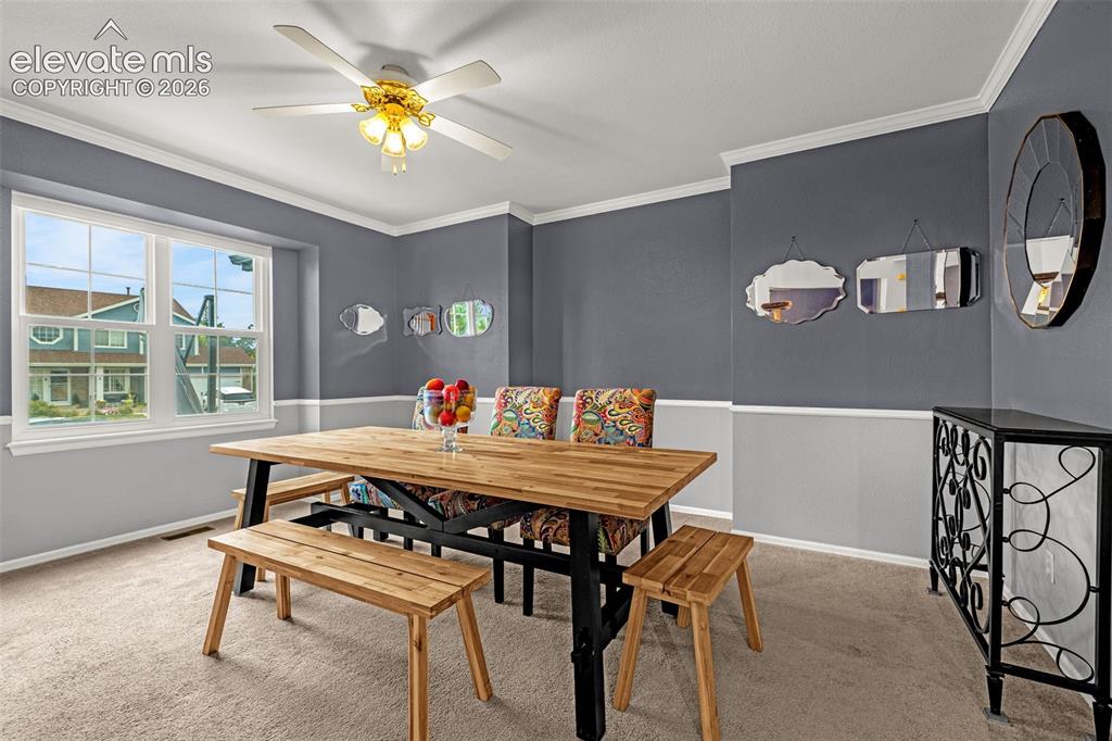 Image 5 of 50: Crown molding and chair rail detailing, carpeted flooring, two-tone wall tr