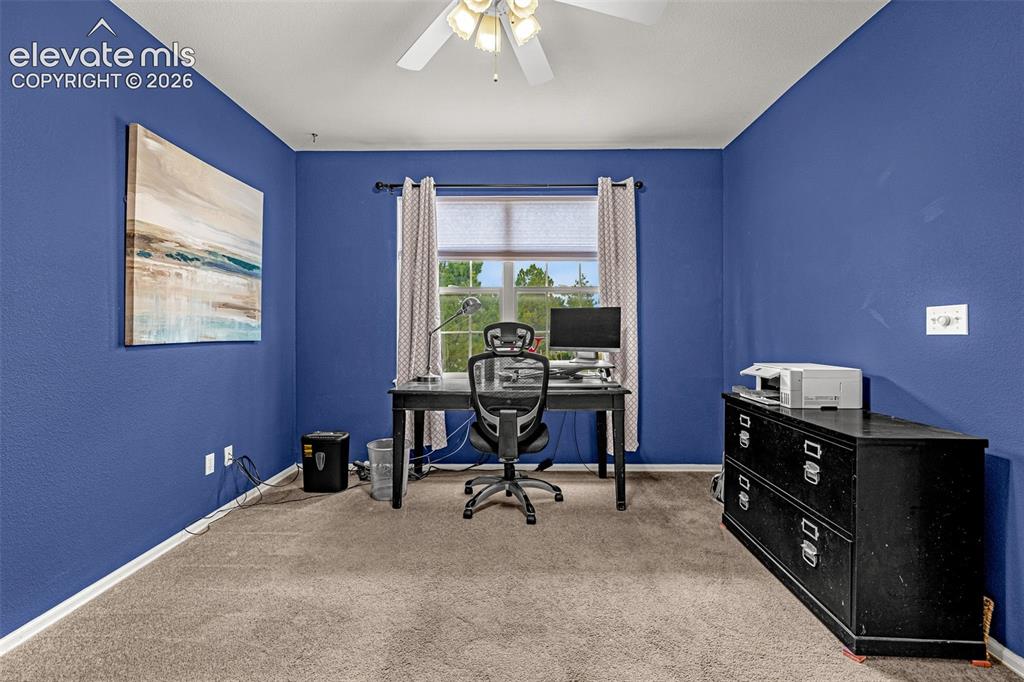 Image 6 of 50: Carpeted room featuring a window with blinds, a ceiling fan with integrated