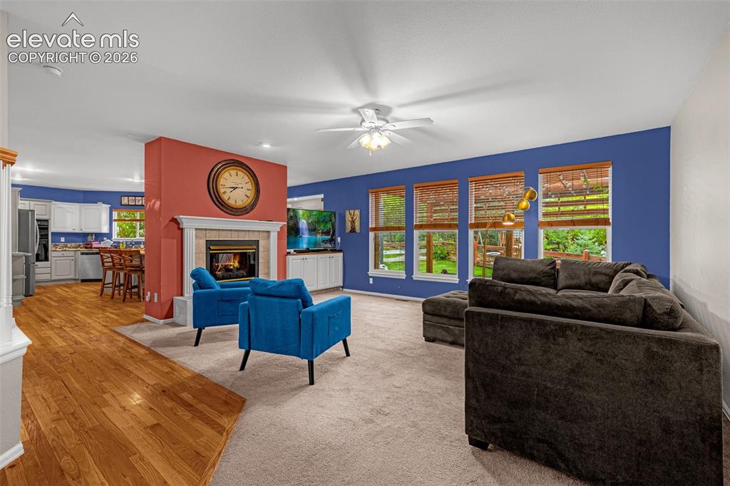 Image 7 of 50: Wood-finish flooring, carpeted living area, fireplace with mantel, multiple