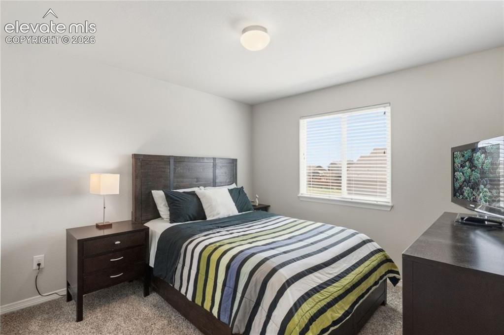 Image 20 of 50: Carpeted bedroom featuring a large window with blinds, a built-in ceiling l