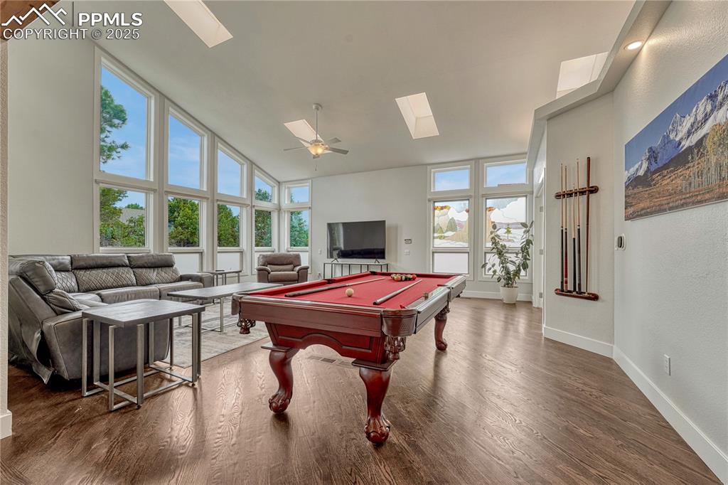 Image 45 of 47: Game room with a skylight, healthy amount of natural light, wood finished f