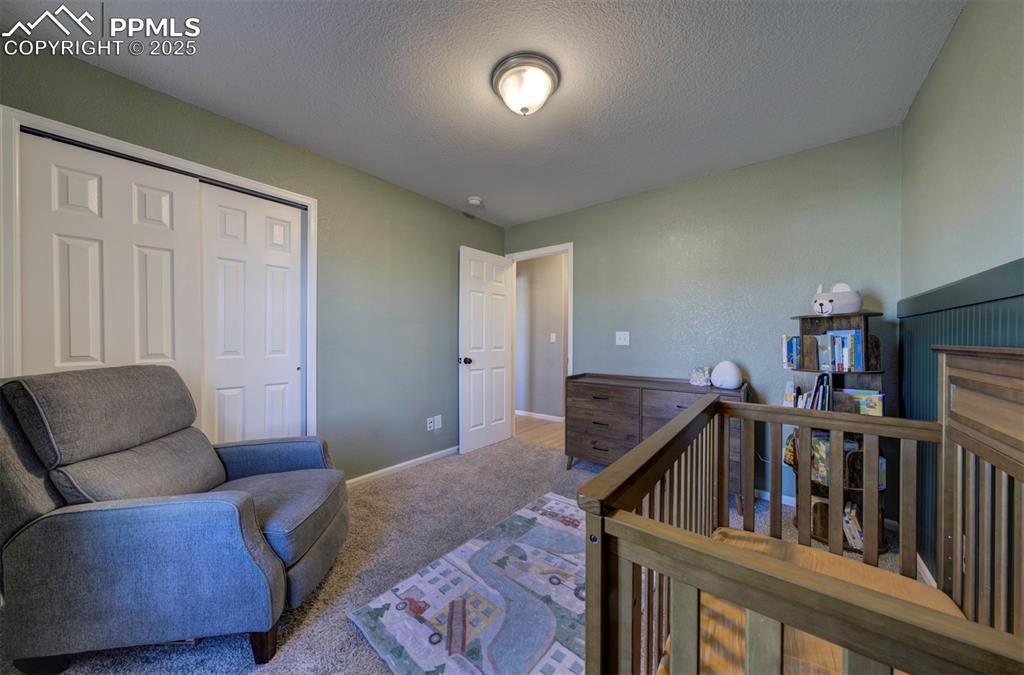 Image 38 of 43: Carpeted bedroom featuring a textured ceiling and a closet