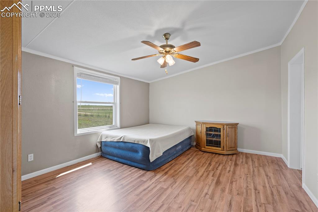 Image 11 of 29: Bedroom with ornamental molding, light wood-type flooring, and a ceiling fa