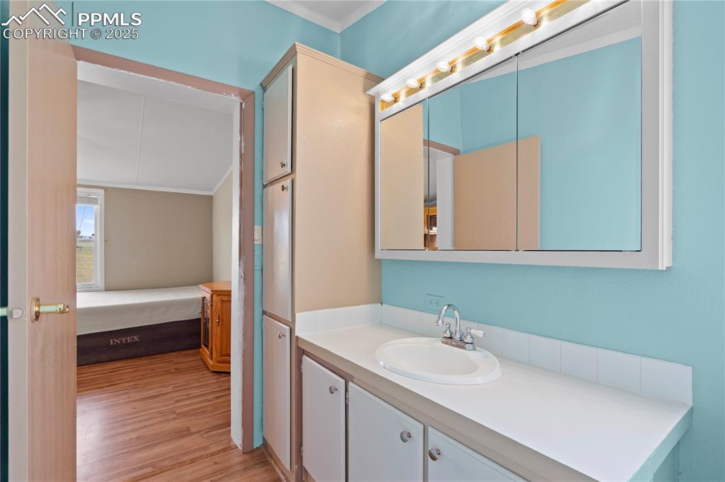 Image 16 of 29: Ensuite bathroom featuring vanity, crown molding, and light wood-style floo
