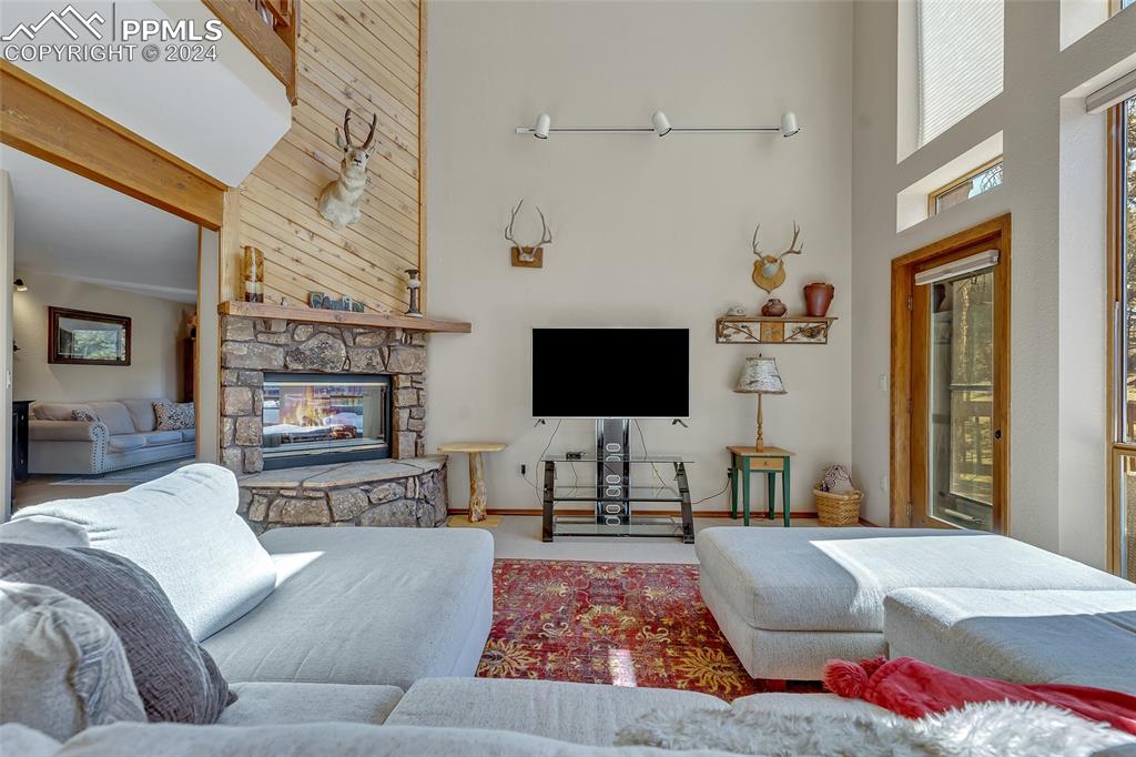 Image 4 of 39: Living Room, High Cathedral Ceiling, Gas Fireplace,