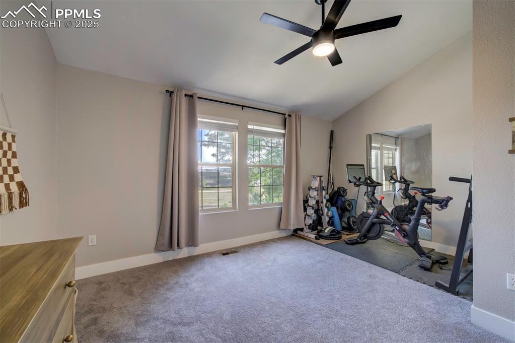 Image 21 of 30: Workout room featuring lofted ceiling, carpet floors, and a ceiling fan