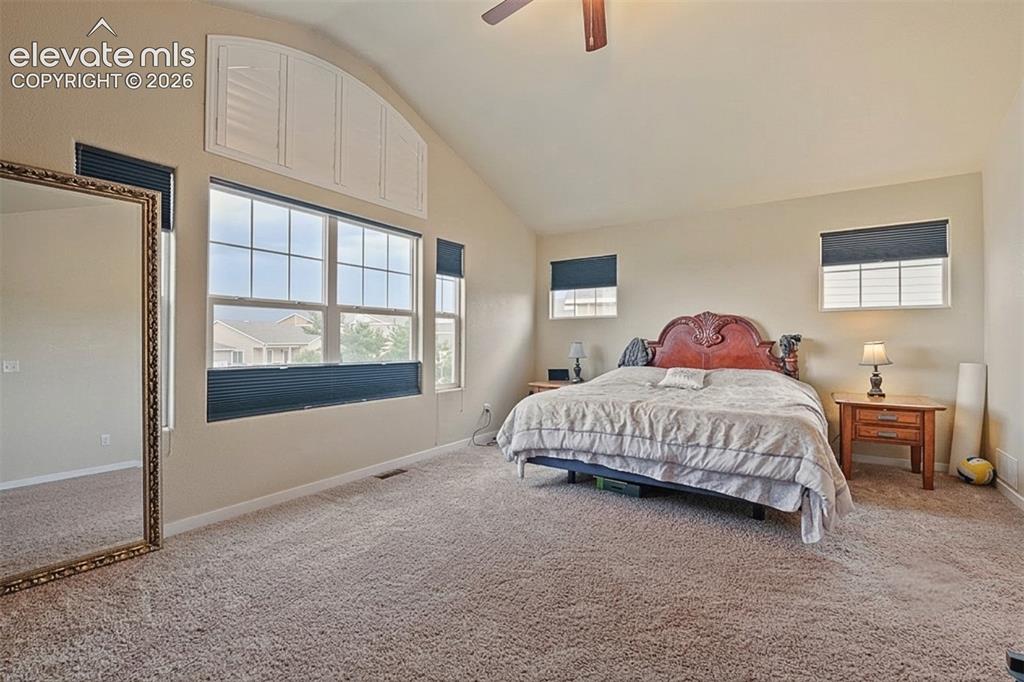 Image 13 of 33: Upper Level: Bedroom featuring vaulted ceilings, a large window array with 