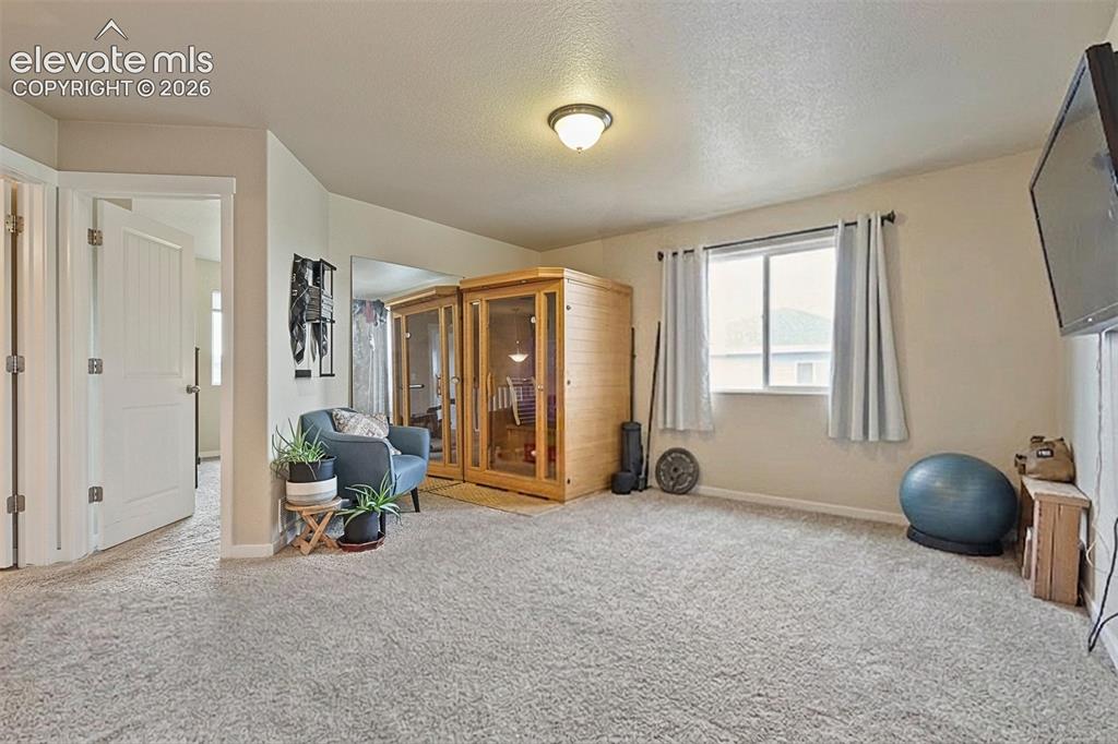 Image 18 of 33: Upper Level: Carpeted flex space featuring a ceiling-mounted light fixture 