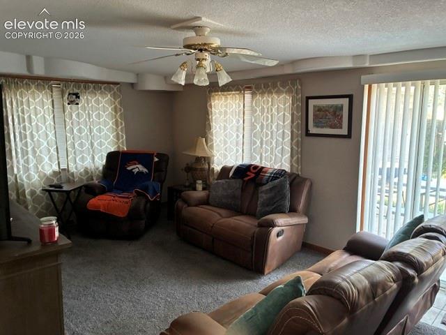 Image 5 of 16: Carpeted living area featuring a ceiling fan with integrated lighting and a