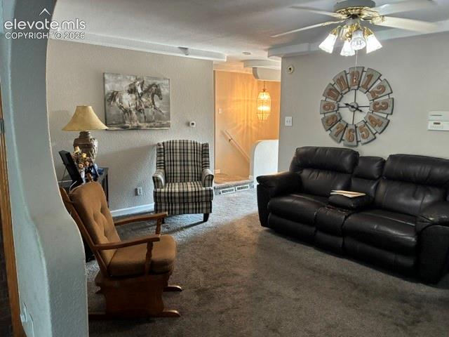 Image 6 of 16: Carpeted living area with a ceiling fan, coved ceiling detail, and a wall-m