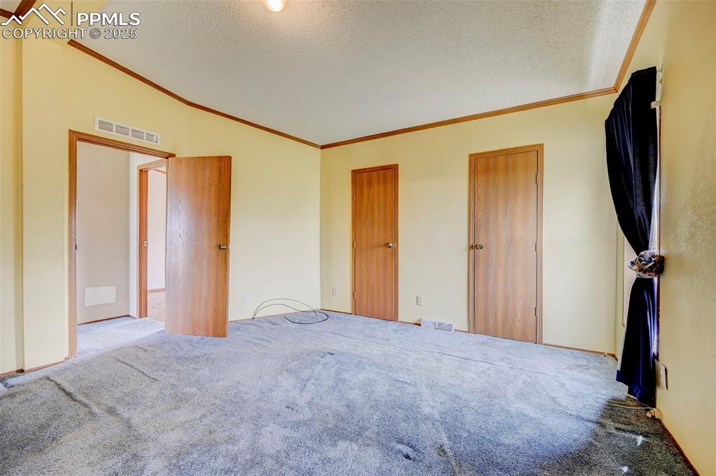 Image 12 of 48: Unfurnished bedroom featuring lofted ceiling, a textured ceiling, carpet fl