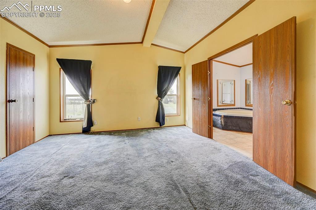 Image 13 of 48: Unfurnished bedroom with a textured ceiling, ornamental molding, and carpet