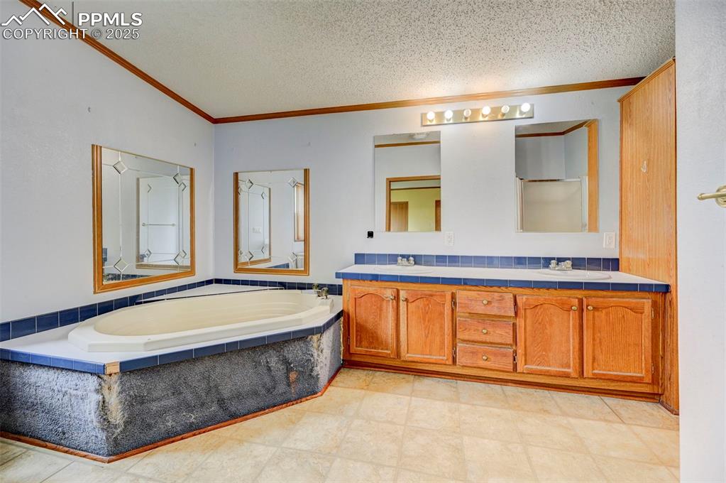 Image 15 of 48: Full bath featuring a textured ceiling, crown molding, double vanity, and a