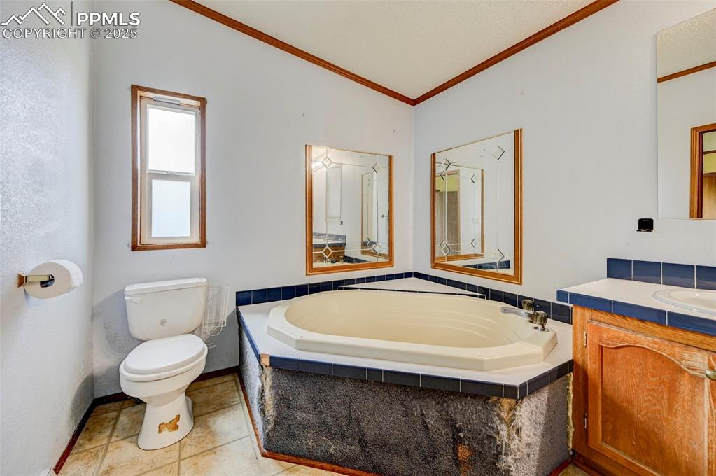 Image 16 of 48: Bathroom featuring vanity, toilet, a garden tub, crown molding, and tile pa
