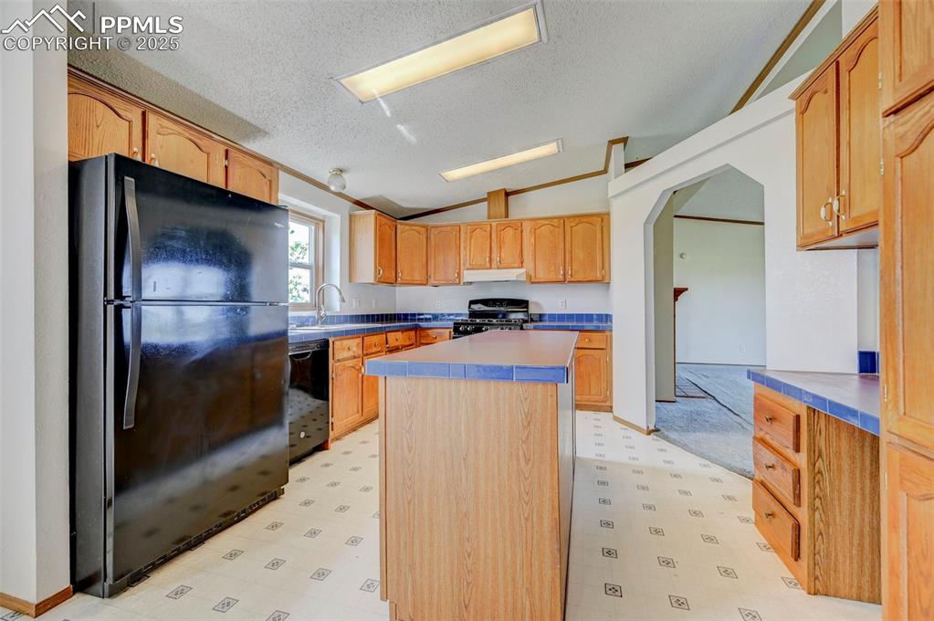 Image 22 of 48: Kitchen with black appliances, light flooring, a textured ceiling, vaulted 