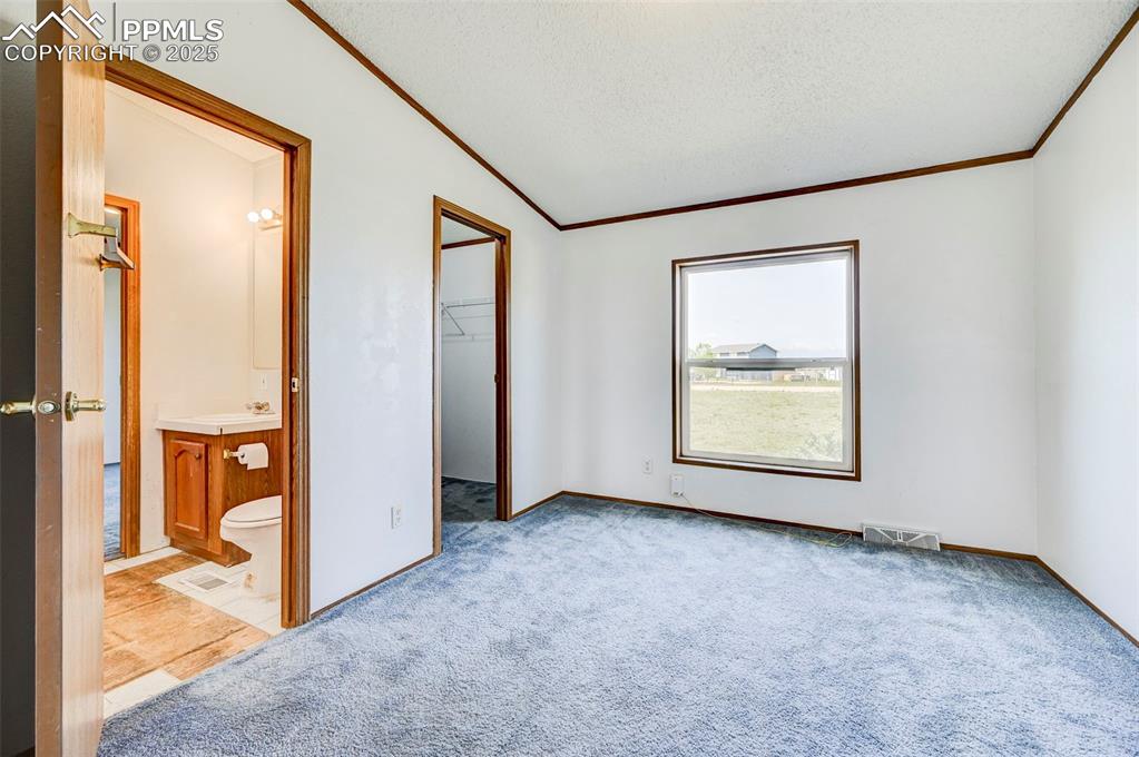 Image 30 of 48: Unfurnished bedroom featuring crown molding, carpet flooring, a spacious cl