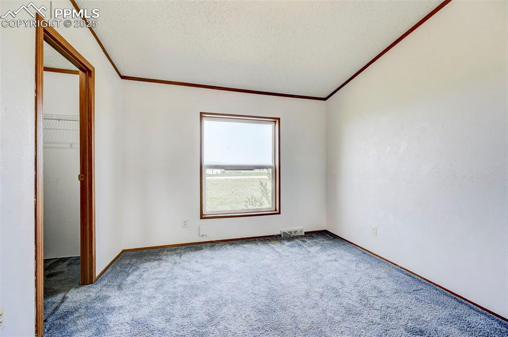 Image 32 of 48: Carpeted empty room with crown molding, a textured ceiling, and baseboards