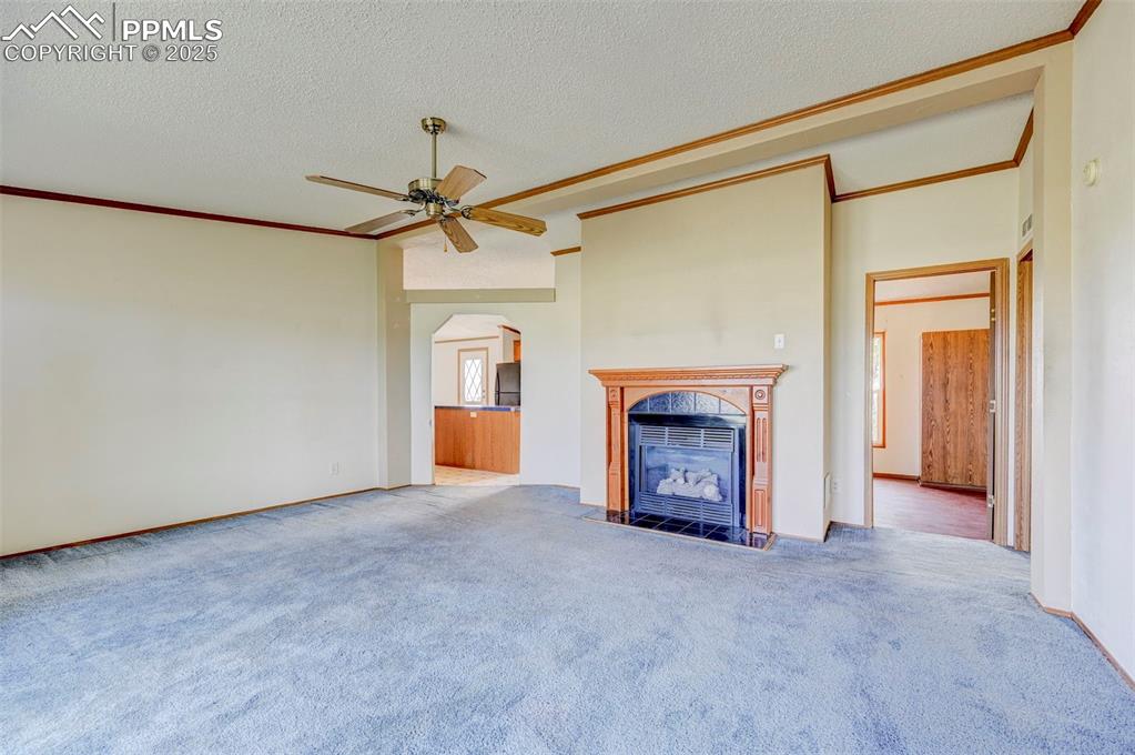 Image 9 of 48: Unfurnished living room featuring carpet, arched walkways, a textured ceili