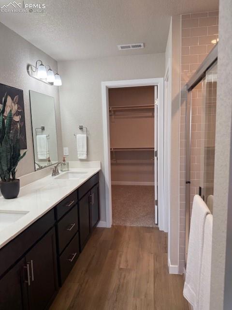 Image 5 of 6: Bathroom featuring a textured ceiling, double vanity, a spacious closet, wo