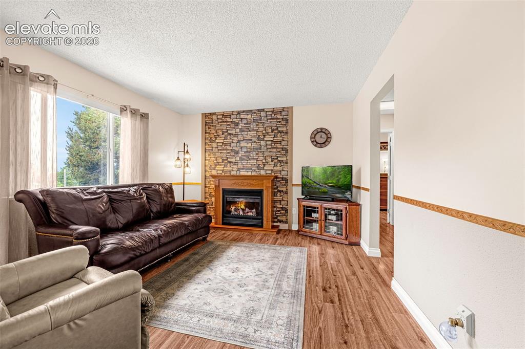 Image 5 of 32: Living room offers beautiful Pikes Peak views, abundance of light and shade