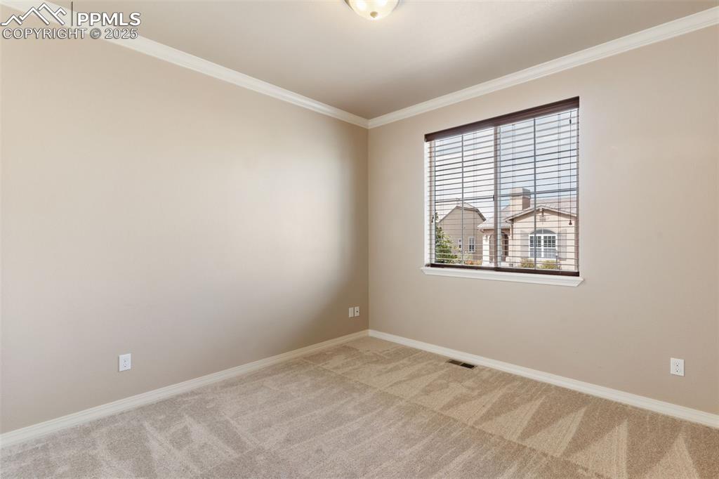 Image 18 of 27: Unfurnished room featuring ornamental molding and light carpet