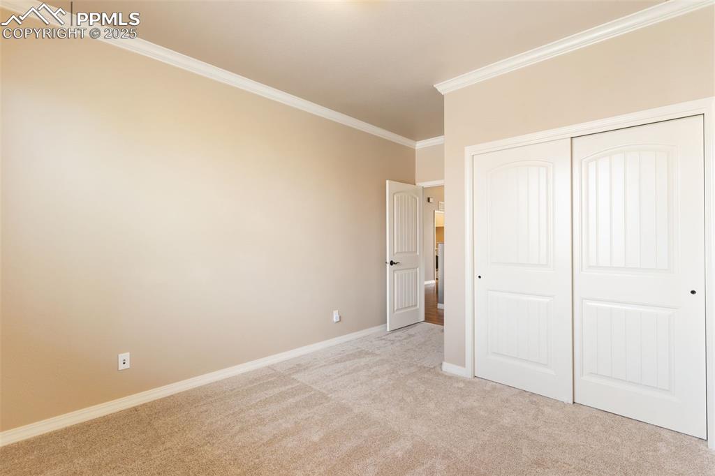 Image 19 of 27: Unfurnished bedroom featuring ornamental molding, light carpet, and a close