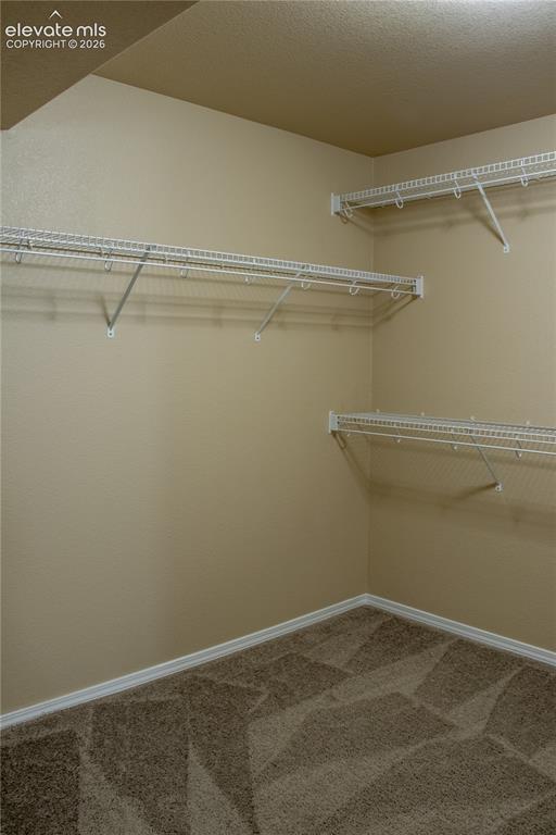 Image 35 of 40: Walk-in closet with wire shelving, neutral-toned walls, and patterned carpe