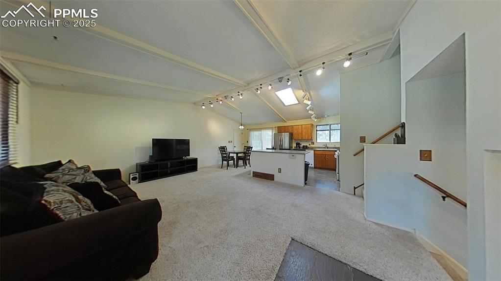 Image 10 of 25: Living room featuring a skylight and light carpet