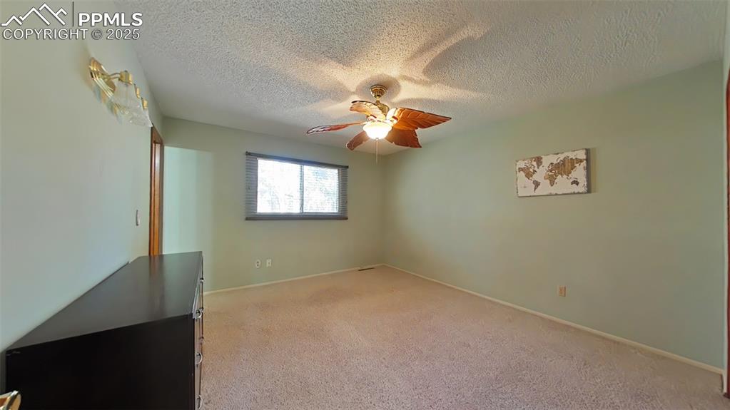Image 14 of 25: Primary Bedroom with light colored carpet, a textured ceiling, and ceiling