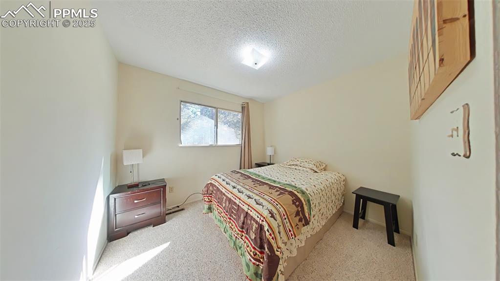 Image 18 of 25: Bedroom featuring light colored carpet and a textured ceiling
