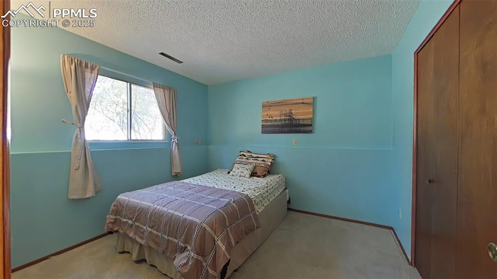 Image 21 of 25: Bedroom on lower level featuring a closet, carpet, and a textured ceiling.