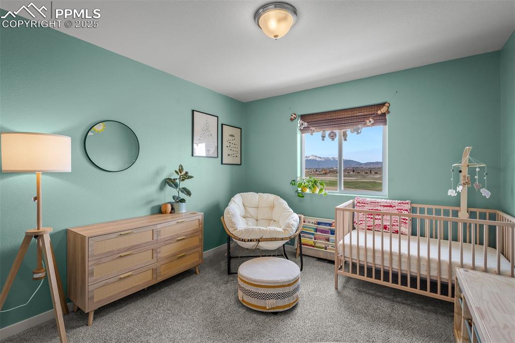 Image 33 of 49: Bedroom featuring a crib, carpet floors, baseboards, and a mountain view