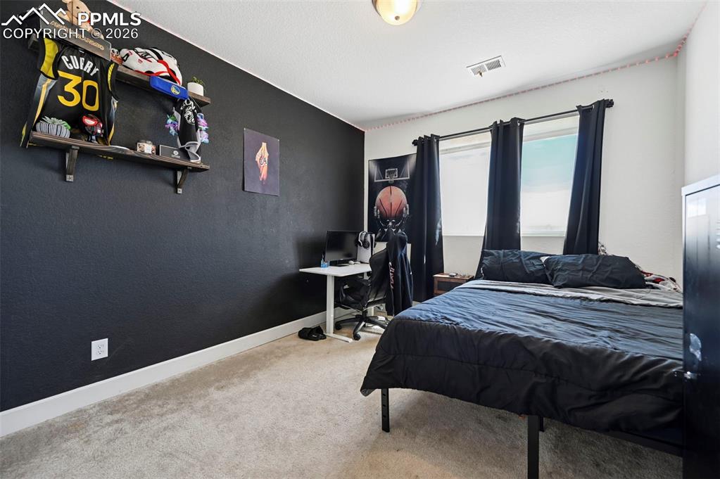 Image 26 of 43: Carpeted room with a dark accent wall, white baseboards, and two windows