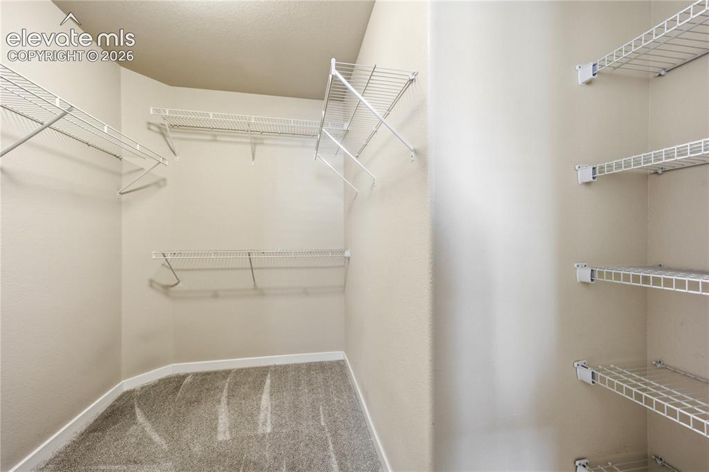 Image 20 of 46: Walk-in closet featuring carpet flooring and multiple wire shelving units