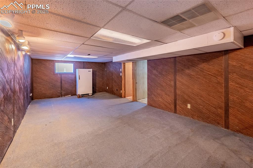 Image 13 of 30: Below grade area with wooden walls, a paneled ceiling, carpet floors, and f