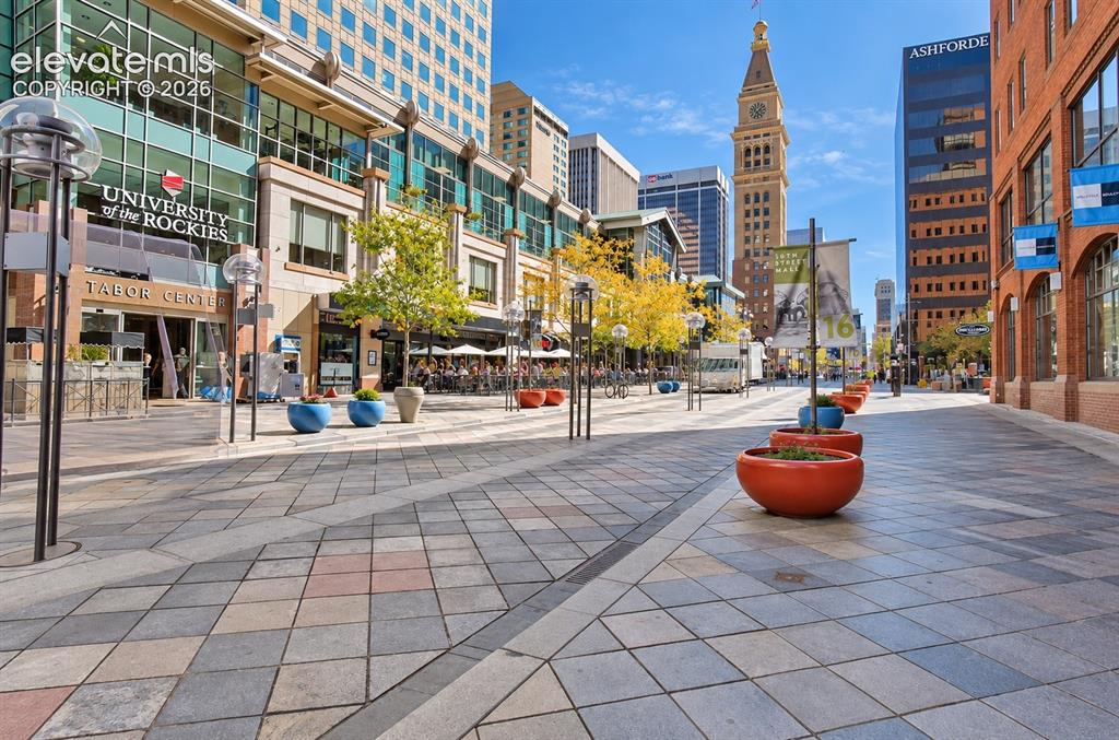 Image 33 of 35: Paved pedestrian promenade featuring varied-tone pavers, mature trees, and