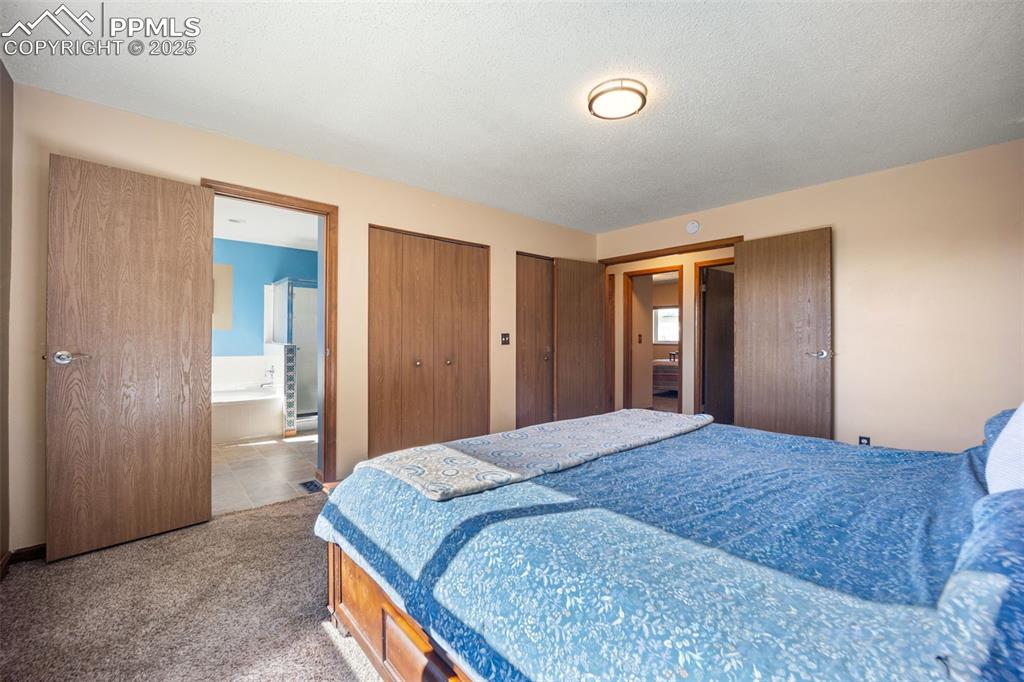 Image 12 of 47: Bedroom with multiple closets, carpet floors, and a textured ceiling