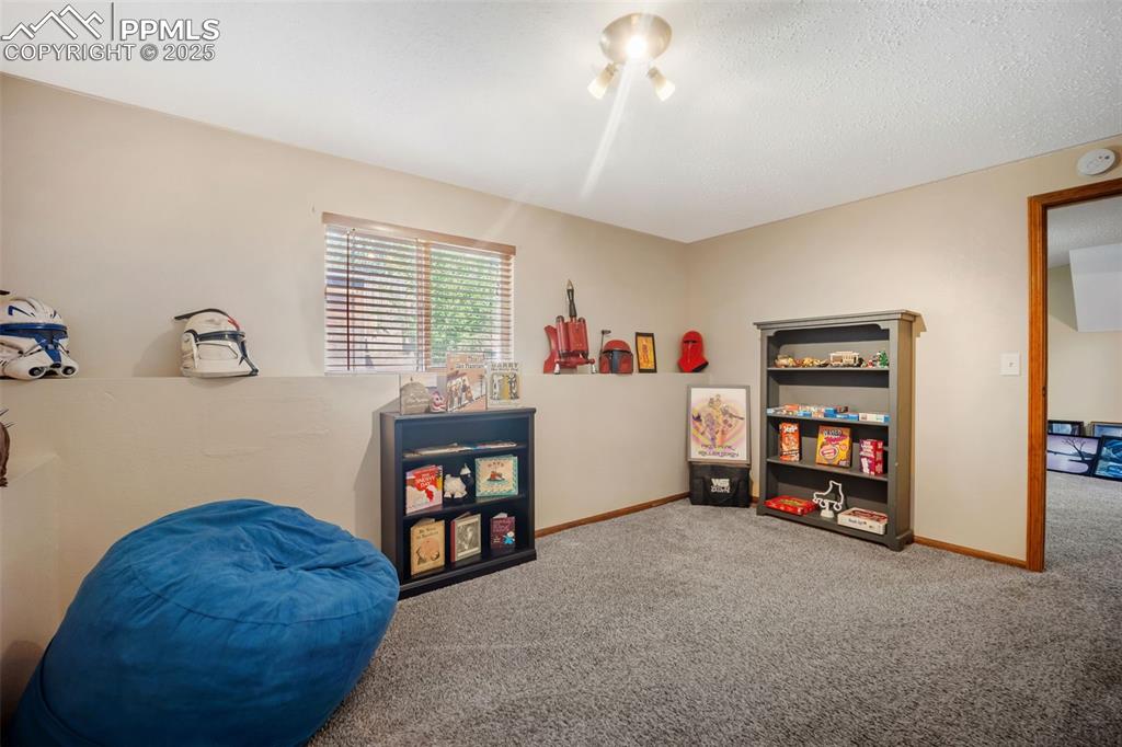 Image 29 of 47: Recreation room with carpet floors and a textured ceiling