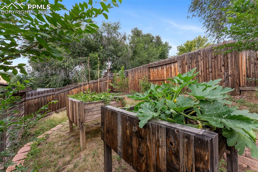 Image 37 of 47: Fenced backyard featuring a vegetable garden